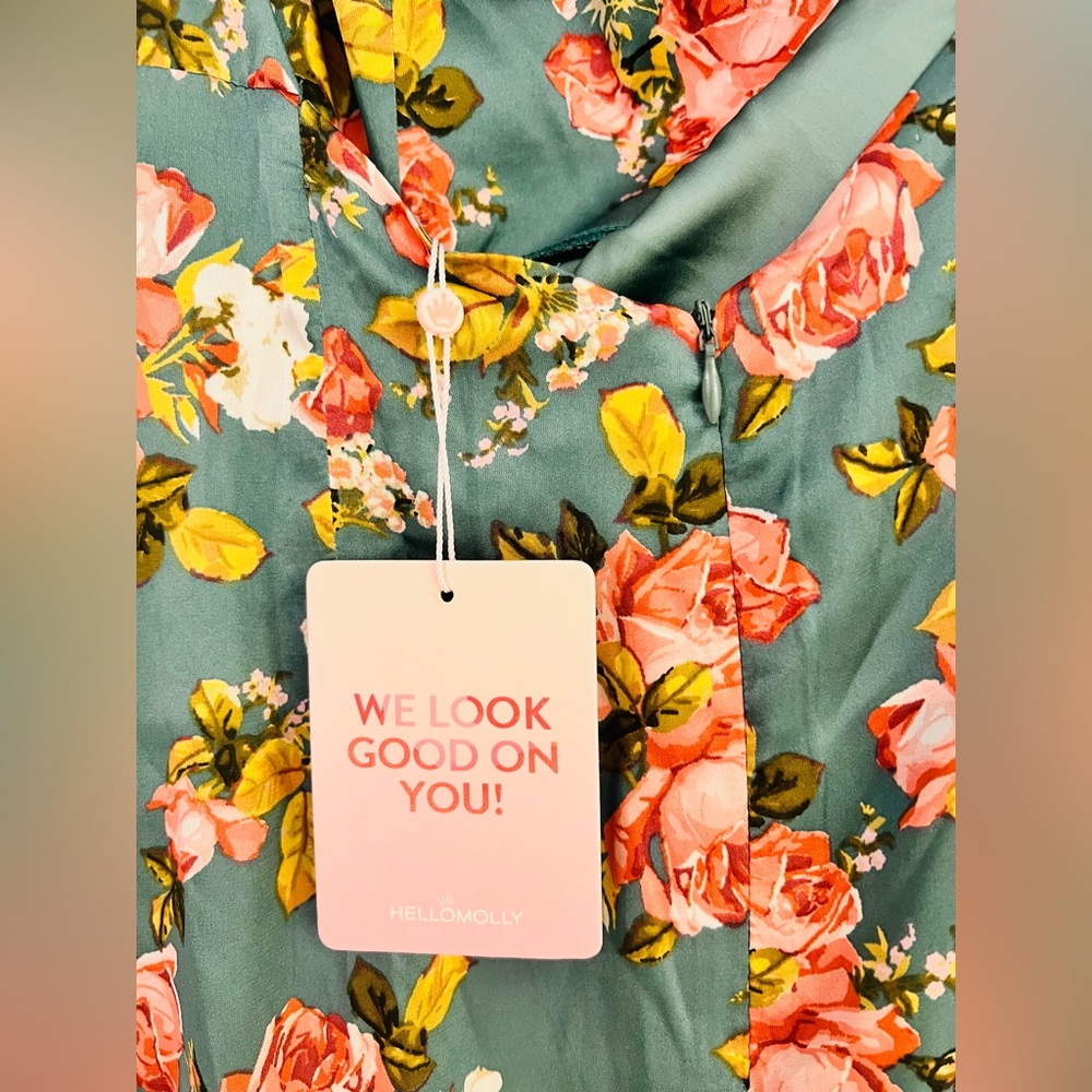 HELLO MOLLY ONE SHOULDER SATIN MAXI DRESS GREEN W PINK FLORAL SIZE XSMALL NWT - Picture 12 of 17